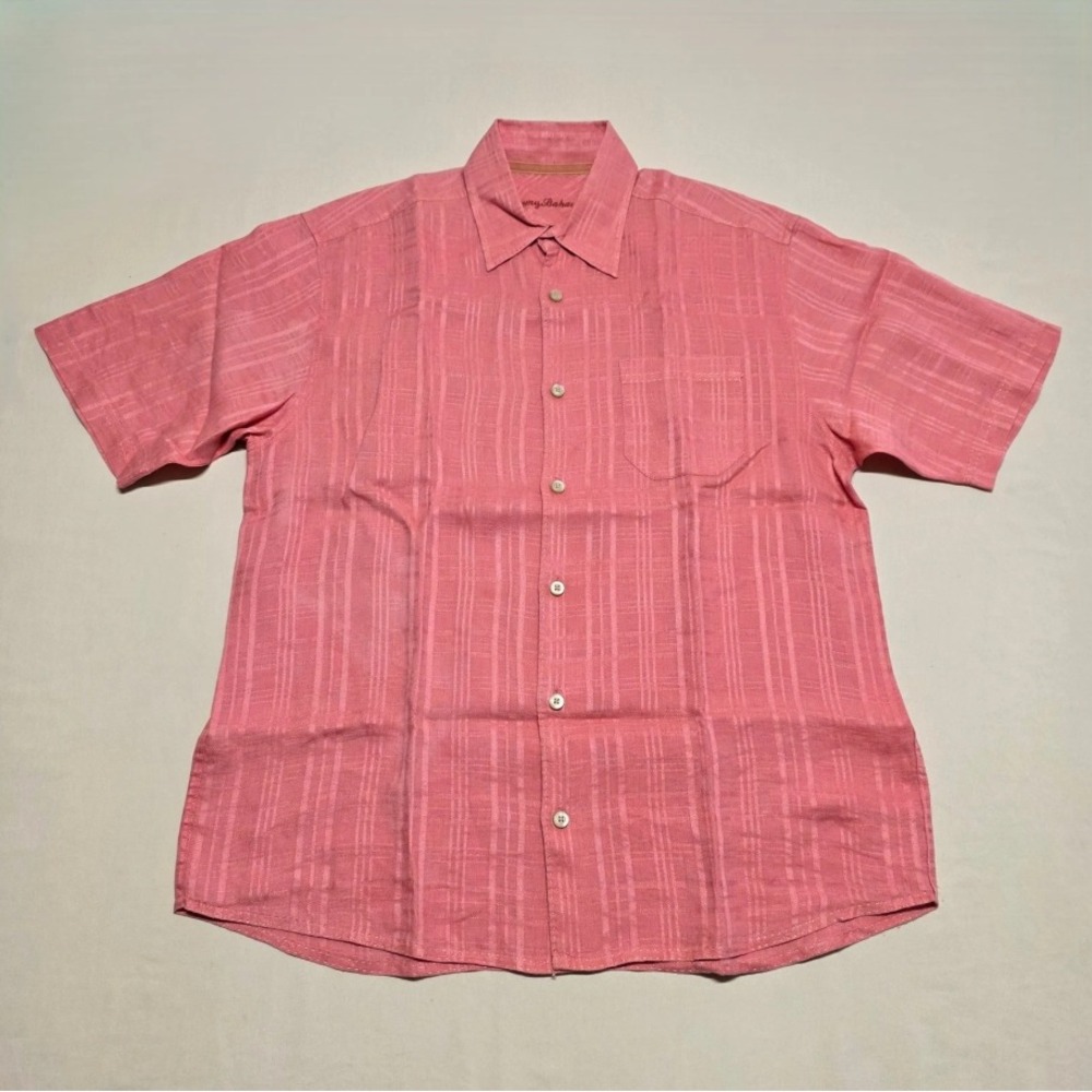 Tommy Bahama Men Salmon Linen Textured Shirt Size Medium Reg Fit Short Sleeve